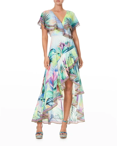 Camilla Frill-sleeve Long Palm-print Coverup Dress In Whats Your Vice |  ModeSens