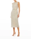 Mac Duggal Fringe Beaded Column Midi Dress In Nude