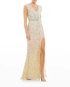 Mac Duggal V-neck Sequin Gown In Nude