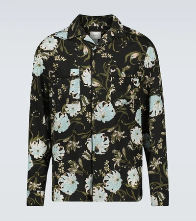 Erdem Lucius Camp-collar Floral-print Satin-twill Shirt In Black Azure Olive