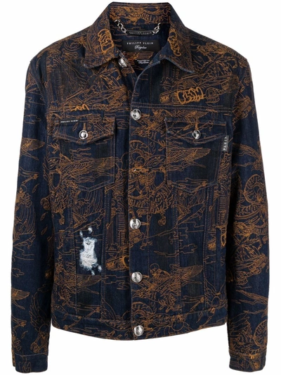 Philipp Plein Skeleton Tattoo Denim Jacket In Blue