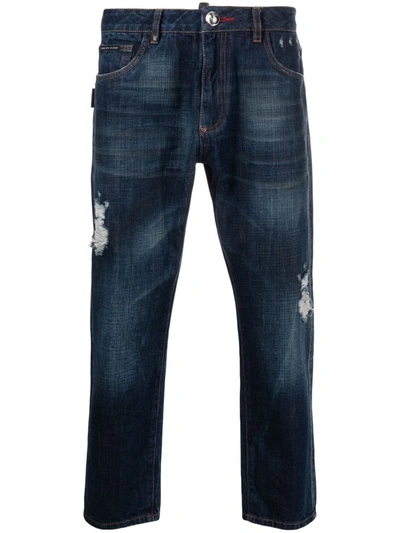 Philipp Plein Distressed Dark Blue Straight Jeans With Metallic Accents