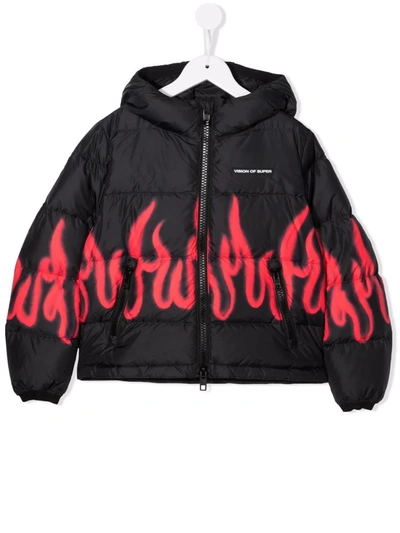 Vision Of Super Teen Flame-print Hooded Padded Jacket In Black