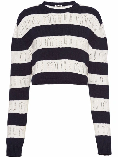 Miu Miu Striped Cashmere Jumper With Perforated Logo Detail In Navy