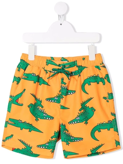 Stella Mccartney Kids' Orange Swim-shorts For Boy With Green Crocodiles