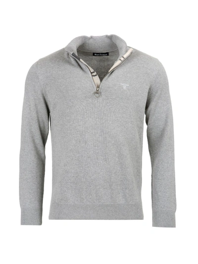 Barbour Cotton Half Zip Tartan Trim Sweater Grey In Grey Marl