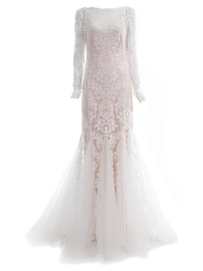 Tadashi Shoji Embroidered Lace Gown In Ivory/petal