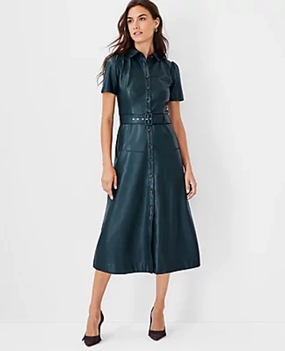 Ann Taylor Petite Faux Leather Midi Dress In Emerald Forest