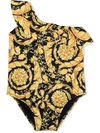 Versace Barocco Print One Shoulder Swimsuit In Black