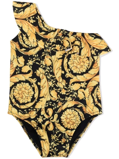 Versace Babies' Barocco Print One Shoulder Swimsuit In Black