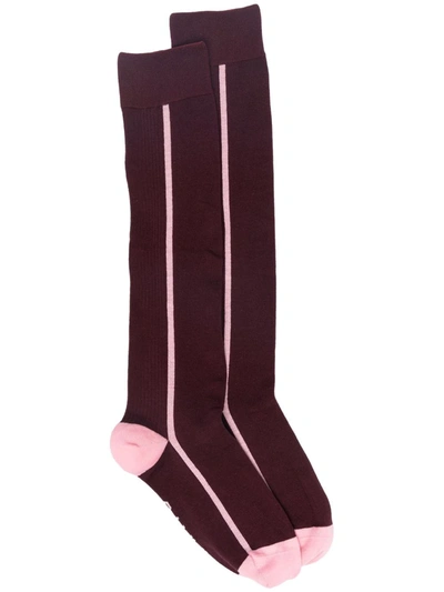 Ganni Contrast-stripe Long Socks In Red