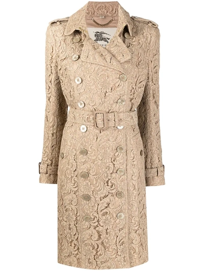 Pre-owned Burberry Lace-panelled Knee-length Trench Coat In Brown