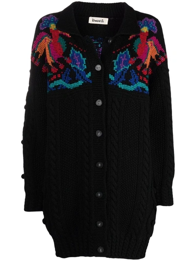 Pre-owned Kansai Yamamoto 1990s Intarsia Detailing Elongated Cardigan In Black