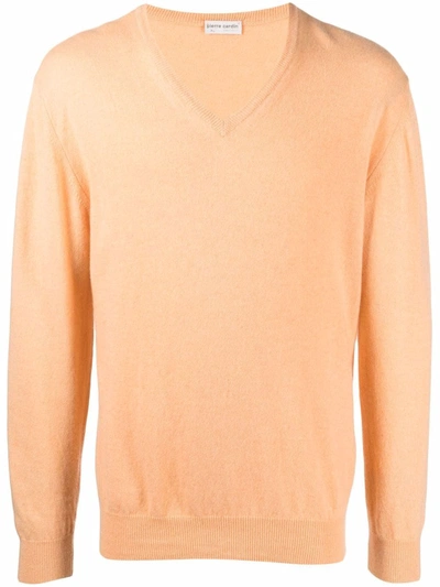Pre-owned Pierre Cardin 2000s V-neck Cashmere Knitted Jumper In Orange