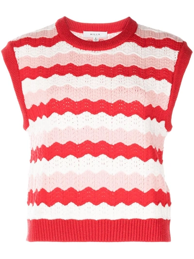 Milly Seashell Scalloped-knit Jumper Waistcoat In Tomato/ecru/blush