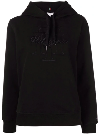 Tommy Hilfiger Embroidered-logo Cotton Hoodie In Black