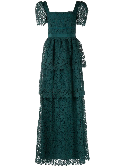 self portrait green fine lace dress Self-portrait Floral-lace Layered Maxi In FW25 MAIN