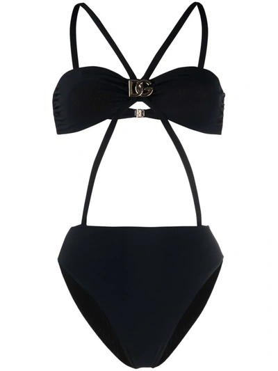 Dolce & Gabbana Logo-plaque Cut-out Swimsuit In Black