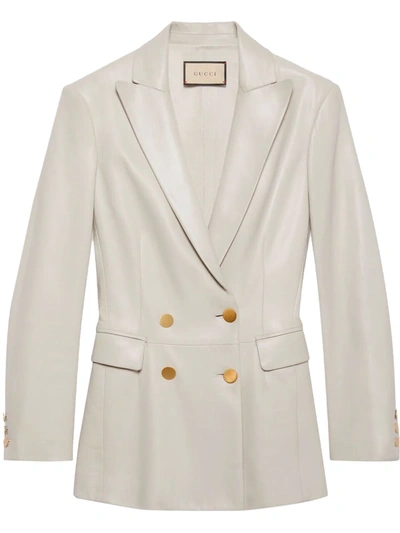 Gucci Double-breasted Leather Jacket In Neutrals