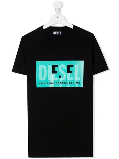 Diesel Teen Two-tone Logo-print T-shirt In Black