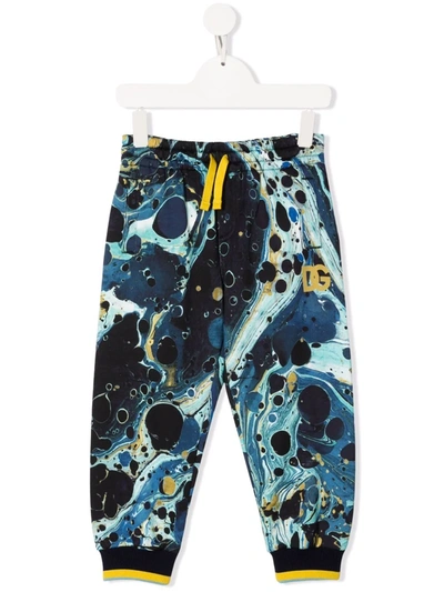Dolce & Gabbana Kids' Marble-print Tapered Track Pants In Blue