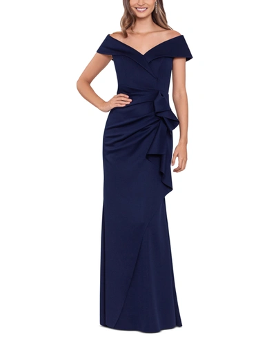 Xscape Scuba Off-the-shoulder Gown In Midnight