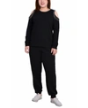 Ny Collection Plus Size Long Sleeve Cold Shoulder Jogger Set In Black