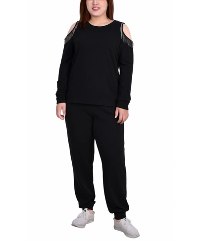 Ny Collection Plus Size Long Sleeve Cold Shoulder Jogger Set In Black