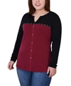 Ny Collection Plus Size Long Sleeve Studded Colorblocked Split Neck Top In Wine