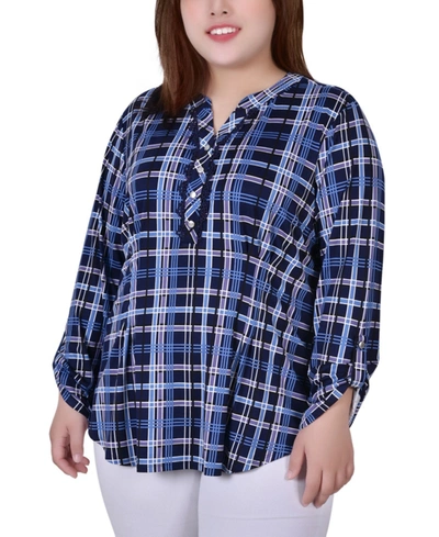 Ny Collection Plus Size Long Sleeve Roll Tab Sleeve Plaid Y-neck Top In Navy Plaid