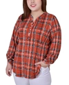 Ny Collection Plus Size Long Sleeve Roll Tab Sleeve Plaid Y-neck Top In Rust Plaid