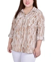 Ny Collection Plus Size 3/4 Sleeve Roll Tab Notch Collar Blouse Top In Praline/antique-like White Animal