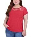 Ny Collection Plus Size Short Sleeve Crepe Knit With Mesh Yoke With Stone Details Top In Jalapeno Red