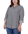Ny Collection Plus Size 3/4 Sleeve Roll Tab Notch Collar Blouse Top In Doeskin With Black Herringbone