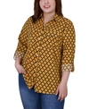 Ny Collection Plus Size 3/4 Sleeve Roll Tab Notch Collar Blouse Top In Golden-tone Glow /black Fleur De Li