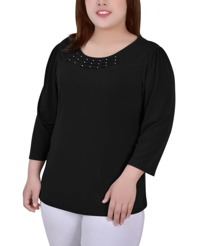Ny Collection Plus Size 3/4 Sleeve Crepe Knit With Strip Details Top In Black