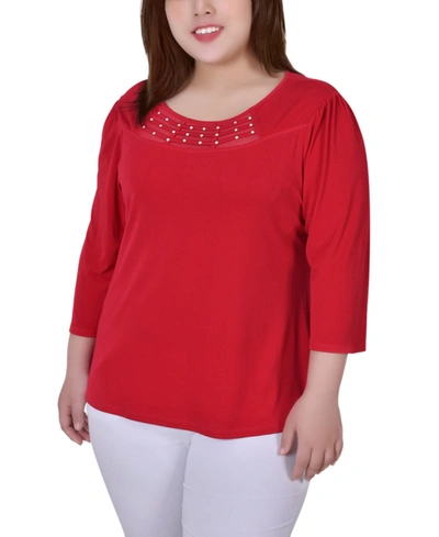 Ny Collection Plus Size 3/4 Sleeve Crepe Knit With Strip Details Top In Jalapeno Red