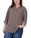 Ny Collection Plus Size 3/4 Sleeve Roll Tab Notch Collar Blouse Top In Coffee Bean/doeskin Torterella