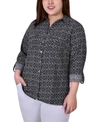 Ny Collection Plus Size 3/4 Sleeve Roll Tab Notch Collar Blouse Top In Black White Geometric