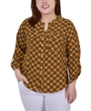 Ny Collection Plus Size 3/4 Sleeve Roll Tab Y-neck Blouse Top In Golden-tone Yellow/black Lines Icon