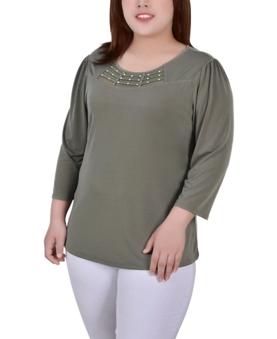 Ny Collection Plus Size 3/4 Sleeve Crepe Knit With Strip Details Top In Olivine