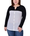 Ny Collection Plus Size Long Sleeve Studded Colorblocked Split Neck Top In Ivory