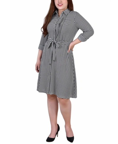 Ny Collection Plus Size Long Sleeve Roll Tab Sleeve Belted Shirt Dress In Black And White Houndstooth