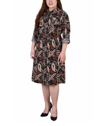 Ny Collection Plus Size 3/4 Roll Tab Sleeve Shirt Dress In Black Paisley
