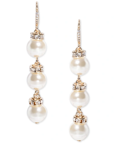 Charter Club Gold-tone Pave Rondelle Bead & Imitation Pearl Triple Drop Earrings, Created For Macy's In White
