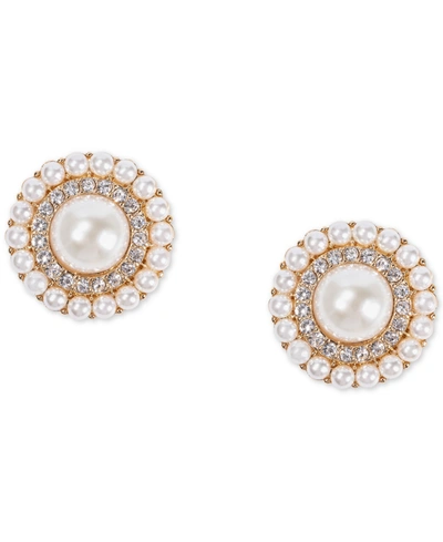 Charter Club Gold-tone Pave & Imitation Pearl Orbital Button Earrings, Created For Macy's In White