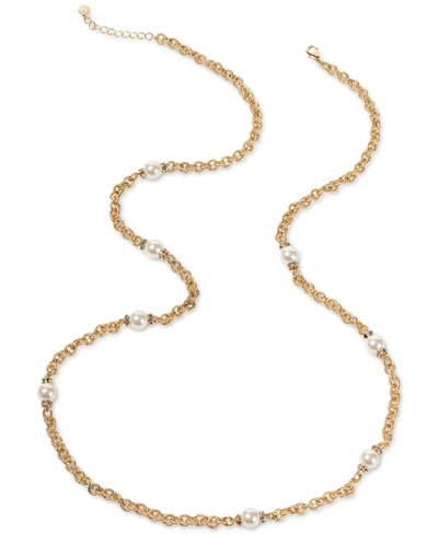 Charter Club Gold-tone Pave Rondelle Bead & Imitation Pearl Strand Necklace, 42" + 2" Extender, Created For Macy' In White