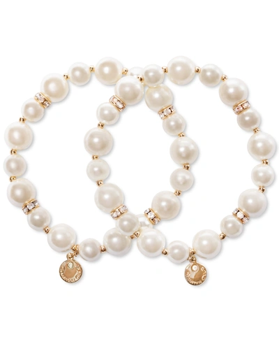Charter Club Gold-tone 2-pc. Set Pave Rondelle & Imitation Pearl Beaded Stretch Bracelets, Created For Macy's In White