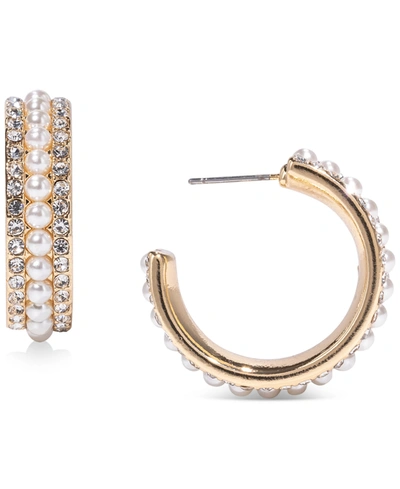 Charter Club Gold-tone Medium Pave & Imitation Pearl C-hoop Earrings, 1.15", Created For Macy's In White