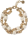 CHARTER CLUB GOLD-TONE PAVE RONDELLE BEAD & IMITATION PEARL DOUBLE-ROW LINK BRACELET, CREATED FOR MACY'S